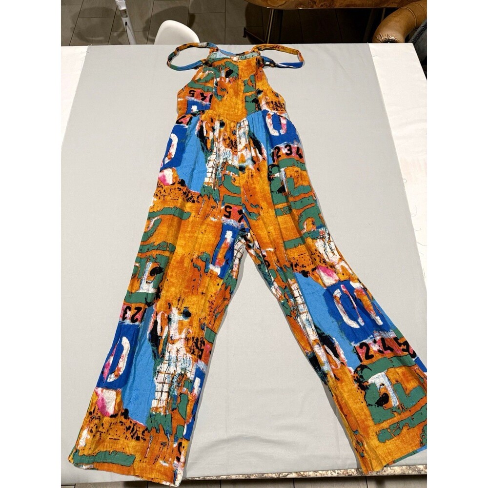 Multicolor Abstract Print Square Neck Strappy Sleeveless Jumpsuit One Size